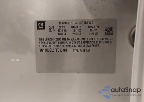 2015 Chevrolet Malibu 1Lt from USA, damaged, VIN 1G11C5SL5FF315701